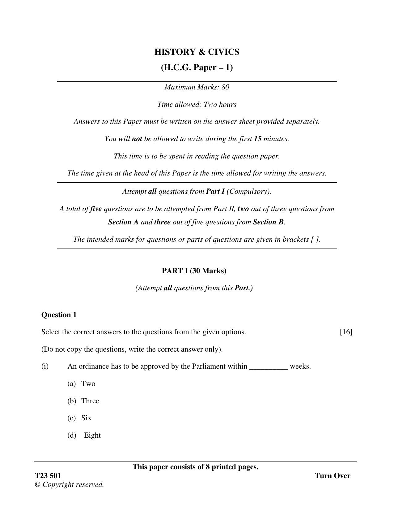 ICSE Class 10 HISTORY & CIVICS 2023 Question Paper - Page 1