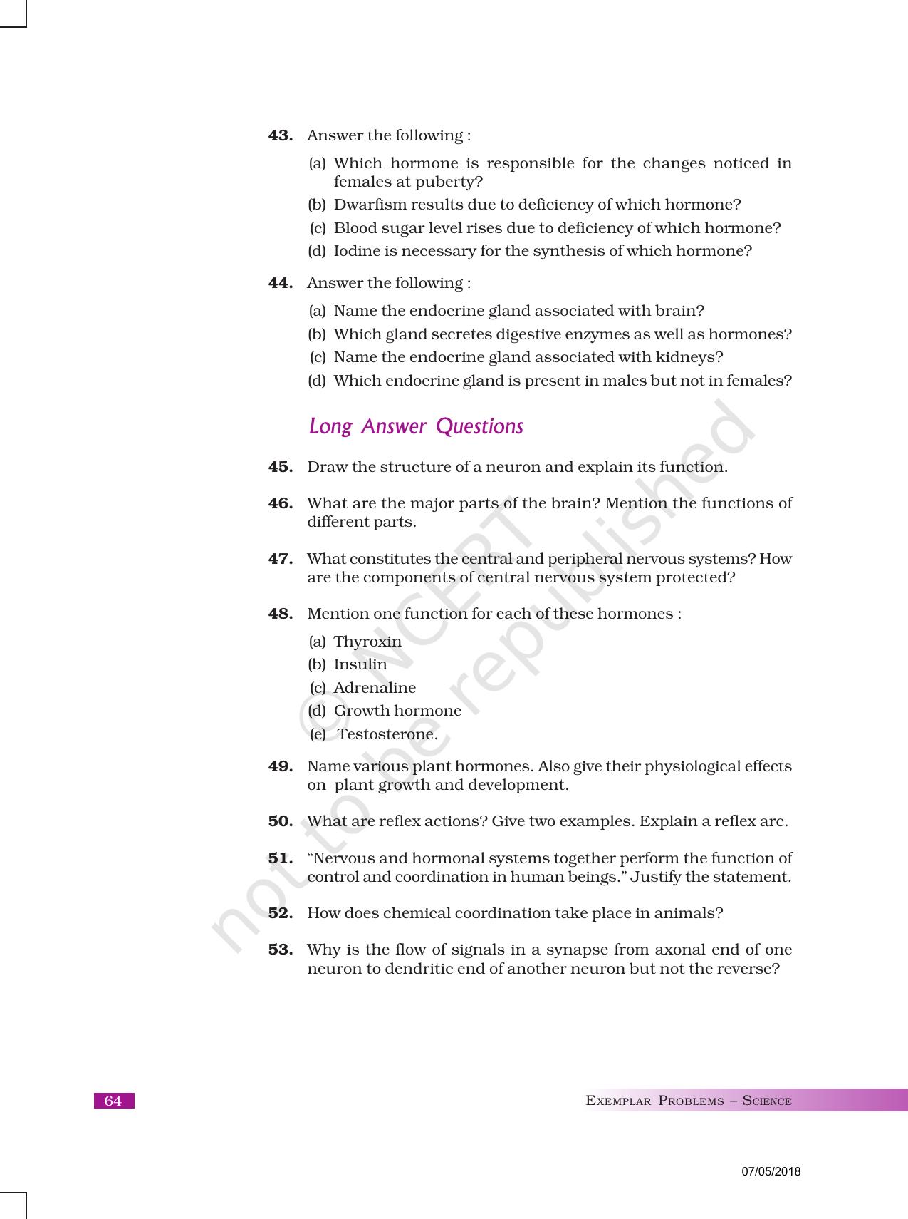 NCERT Exemplar Book For Class 10 Science Chapter 7 Control And Coordination