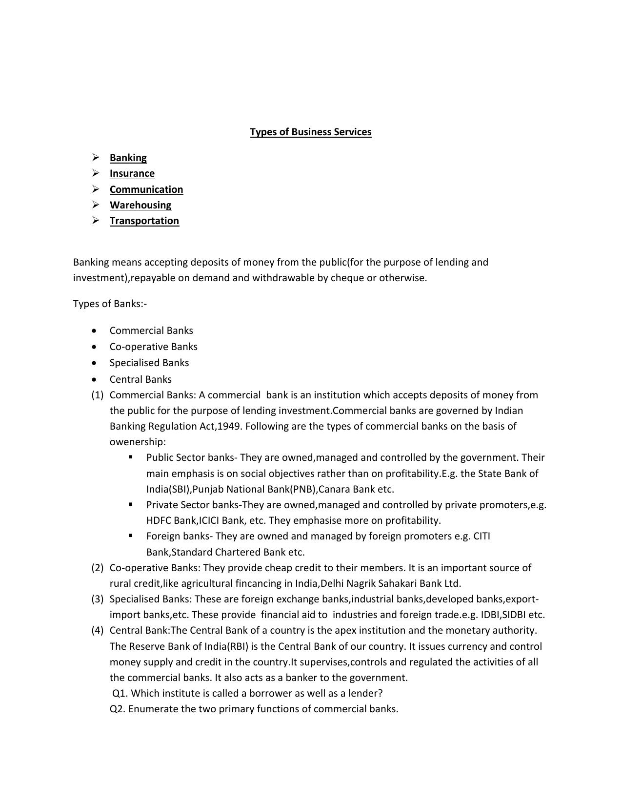 CBSE Worksheets for Class 11 Business Studies Types of Business Services Assignment - Page 1