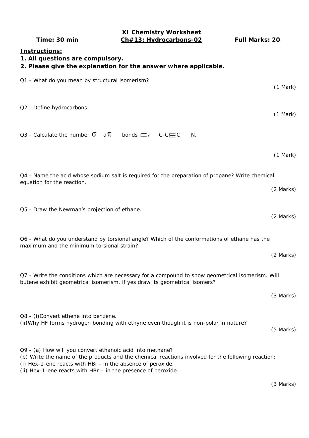 CBSE Worksheets for Class 11 Chemistry Hydrocarbons Assignment 2 - Page 1