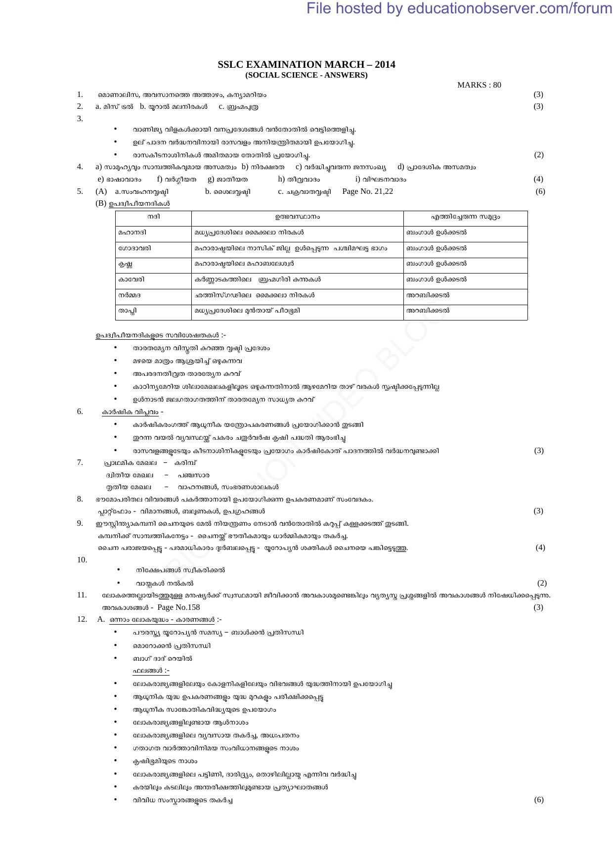 Kerala SSLC 2014 Social Science Answer key - Page 1