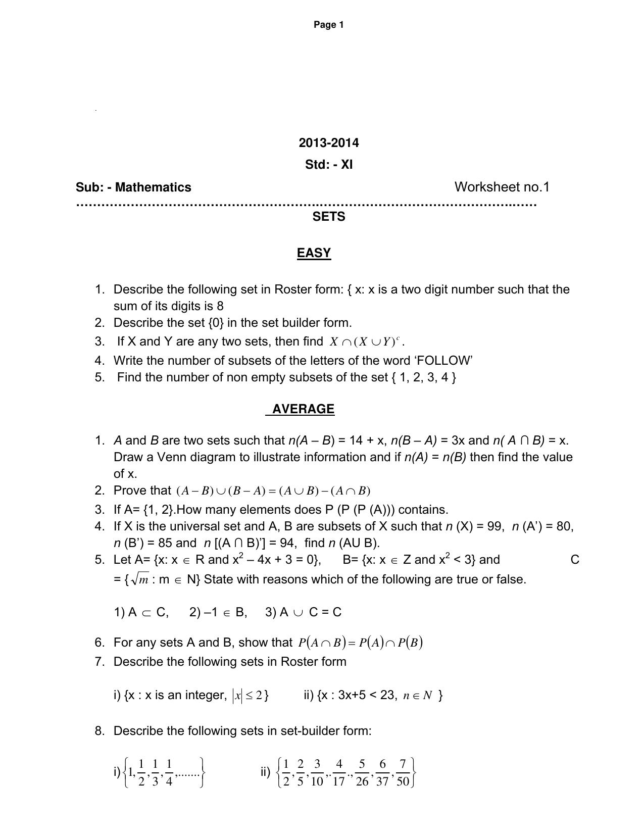 CBSE Worksheets for Class 11 Mathematics Sample Paper 2014 Assignment 3 - Page 1