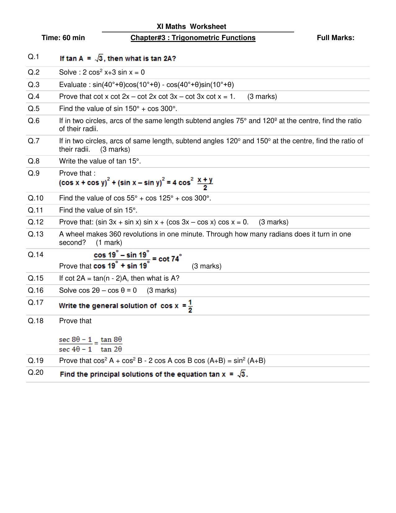 CBSE Worksheets for Class 11 Mathematics Trigonometric Ratios Assignment 1 - Page 1