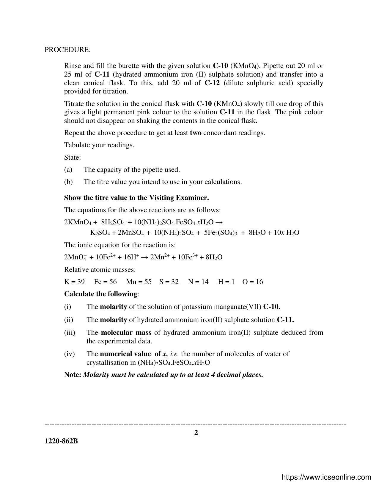 ISC Class 12 2020 Chemistry (Paper II - Practicals) Question Paper with ...