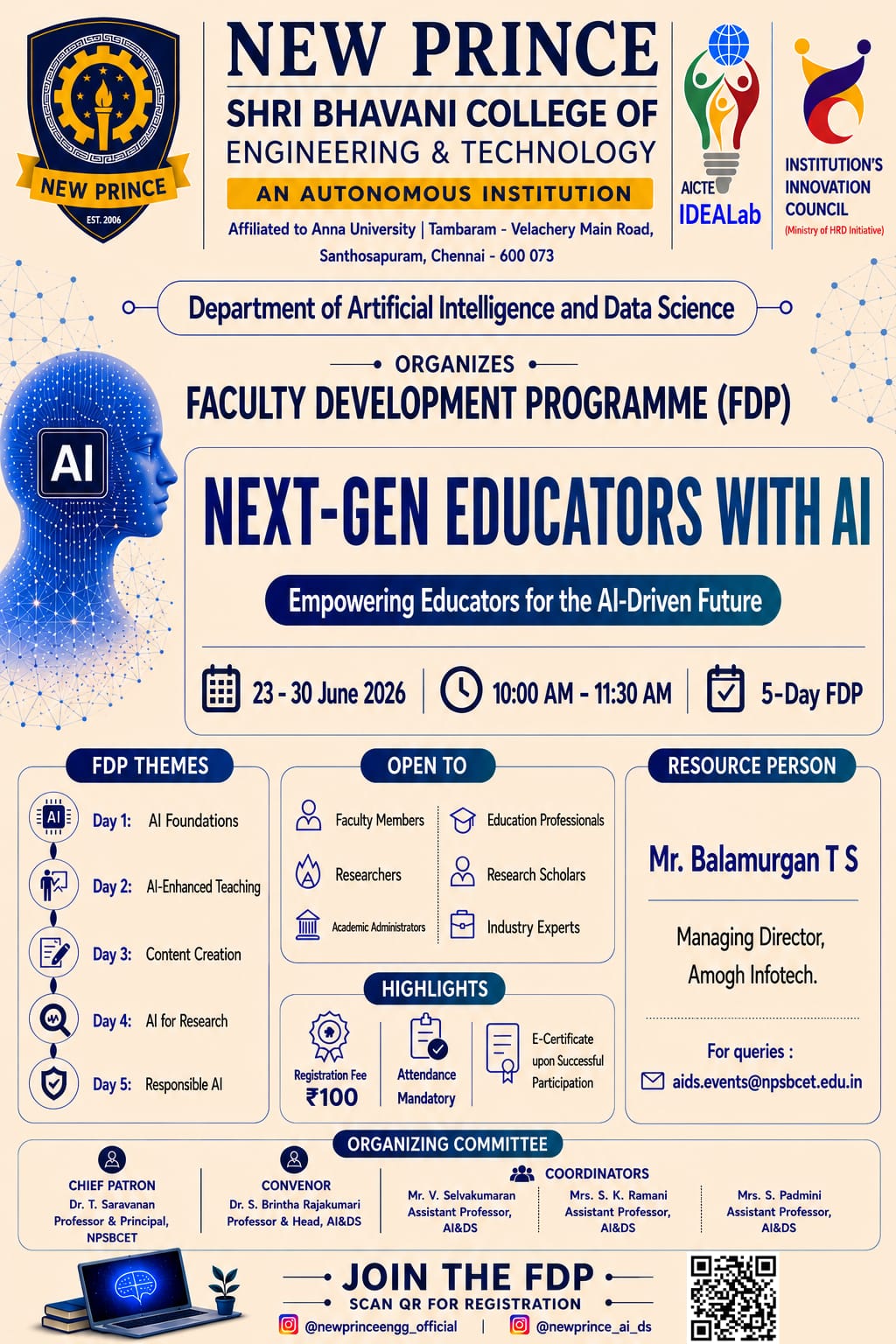 5-Day FDP on Next-Gen Educators with AI 2026 Poster