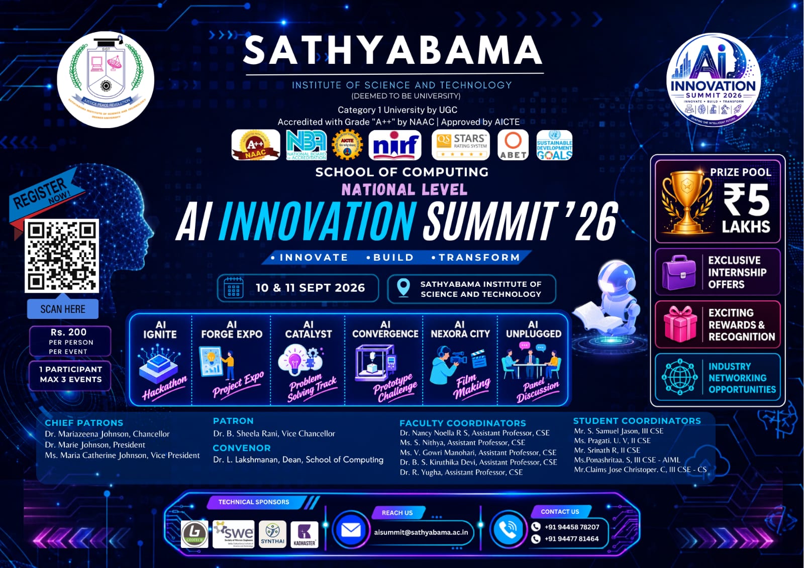 AI INNOVATION SUMMIT '26, Sathyabama Institute of Science and Technology, Chennai Poster