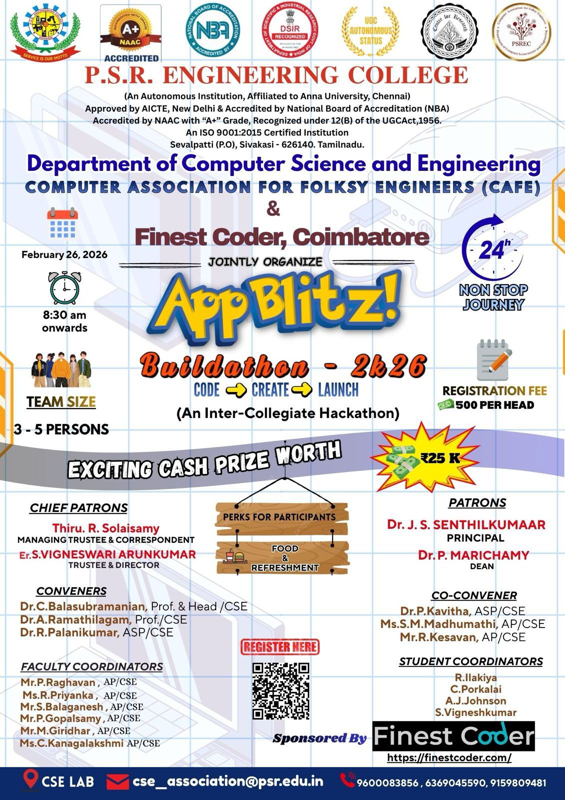 AppBlitz! 2026, PSR Engineering College, Hackathon, Sivakasi Poster