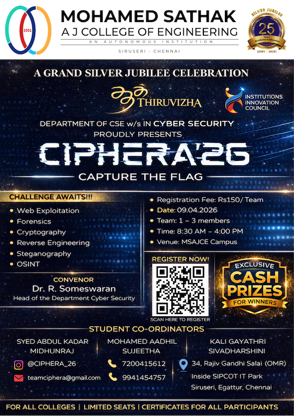 Ciphera 26 - Capture the Flag, Mohamed Sathak AJ College of Engineering Poster