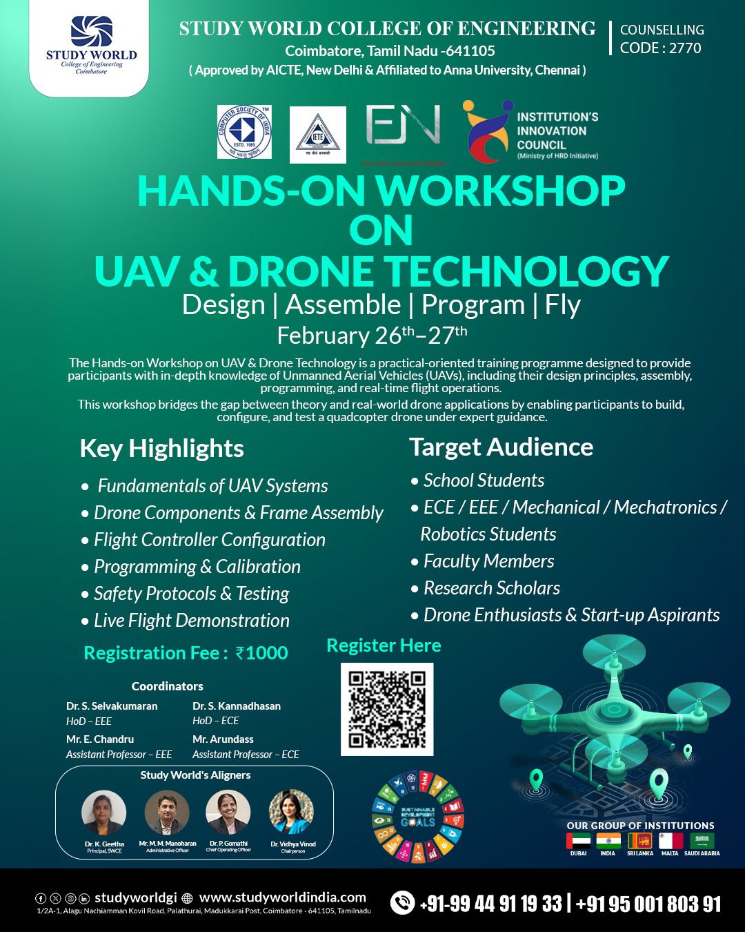 Hands on Workshop on Uav and Drone Technology 2026, Study World College of Engineering, Coimbatore