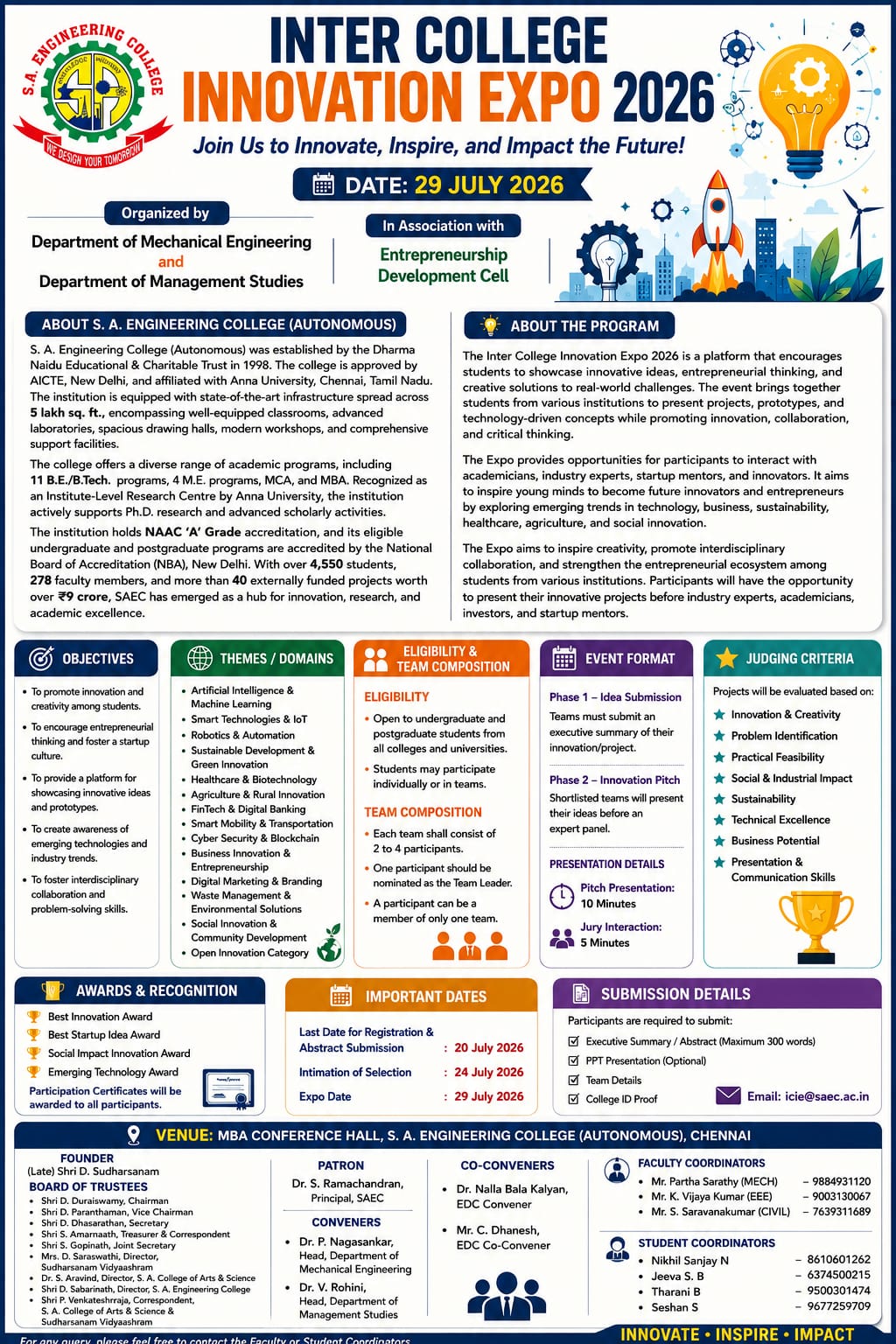 INNOVATION EXPO 2026, S. A. Engineering College, Inter College Innovation Expo, Chennai, Tamil Nadu Poster