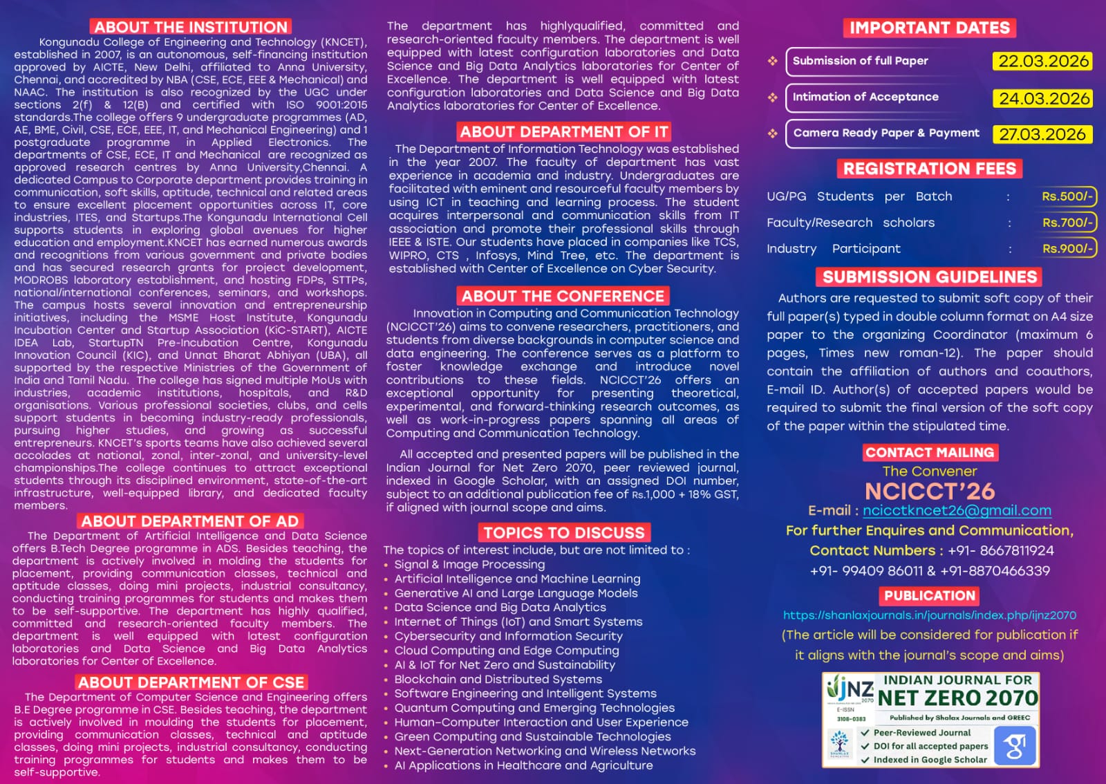 Innovation in Computing and Communication Technology (NCICCT’26), Kongunadu College of Engineering and Technology Poster