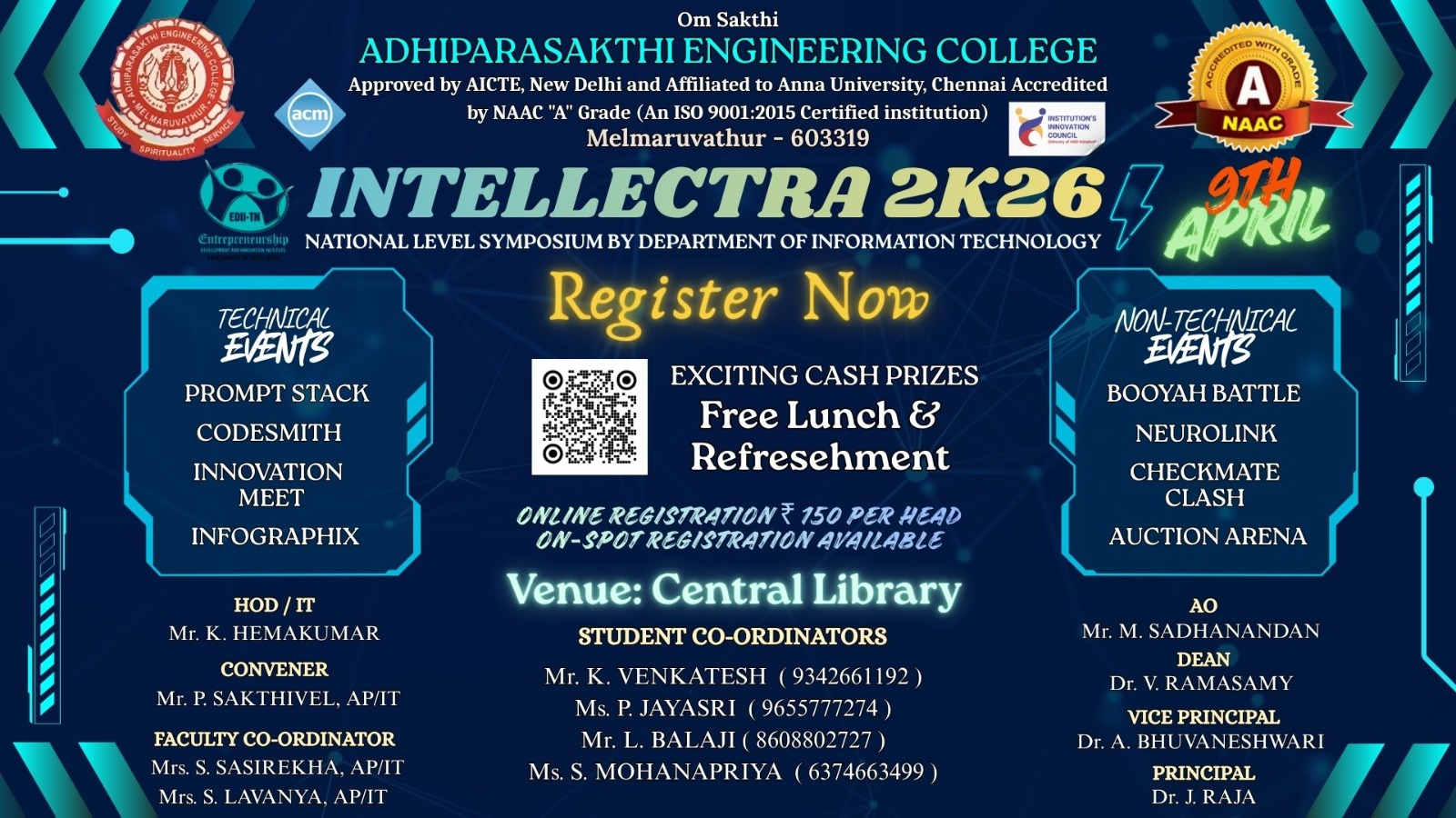 INTELLECTRA 2K26, Adhiparasakthi Engineering College Melmaruvathur Poster