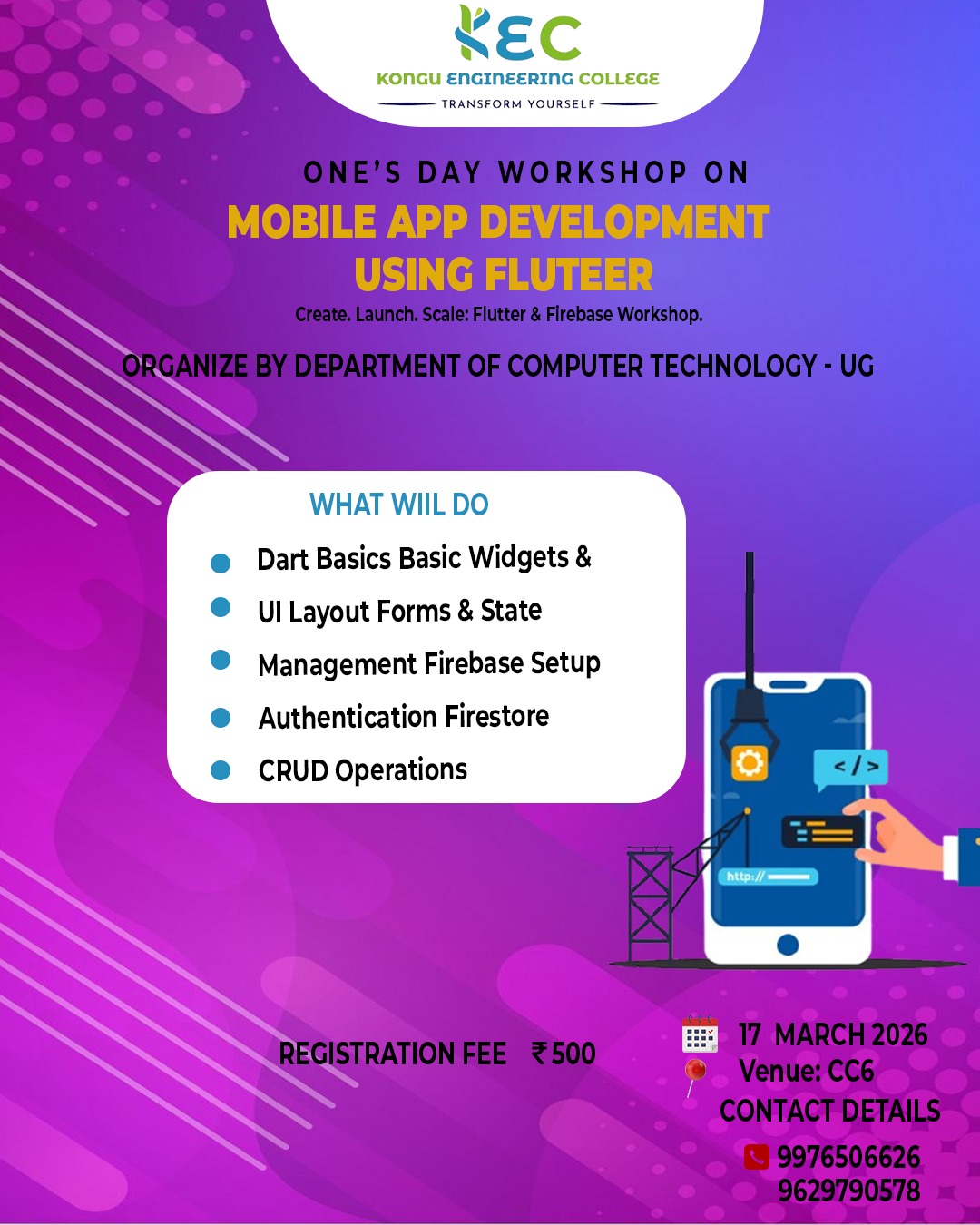 Mobile Application Development using Flutter 2026- Kongu Engineering College, Workshop, Erode