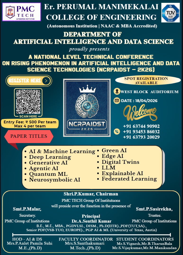 National Level Conference on Artificial intelligence and Data Science Technologies NCRPAIDST 2K26 Poster