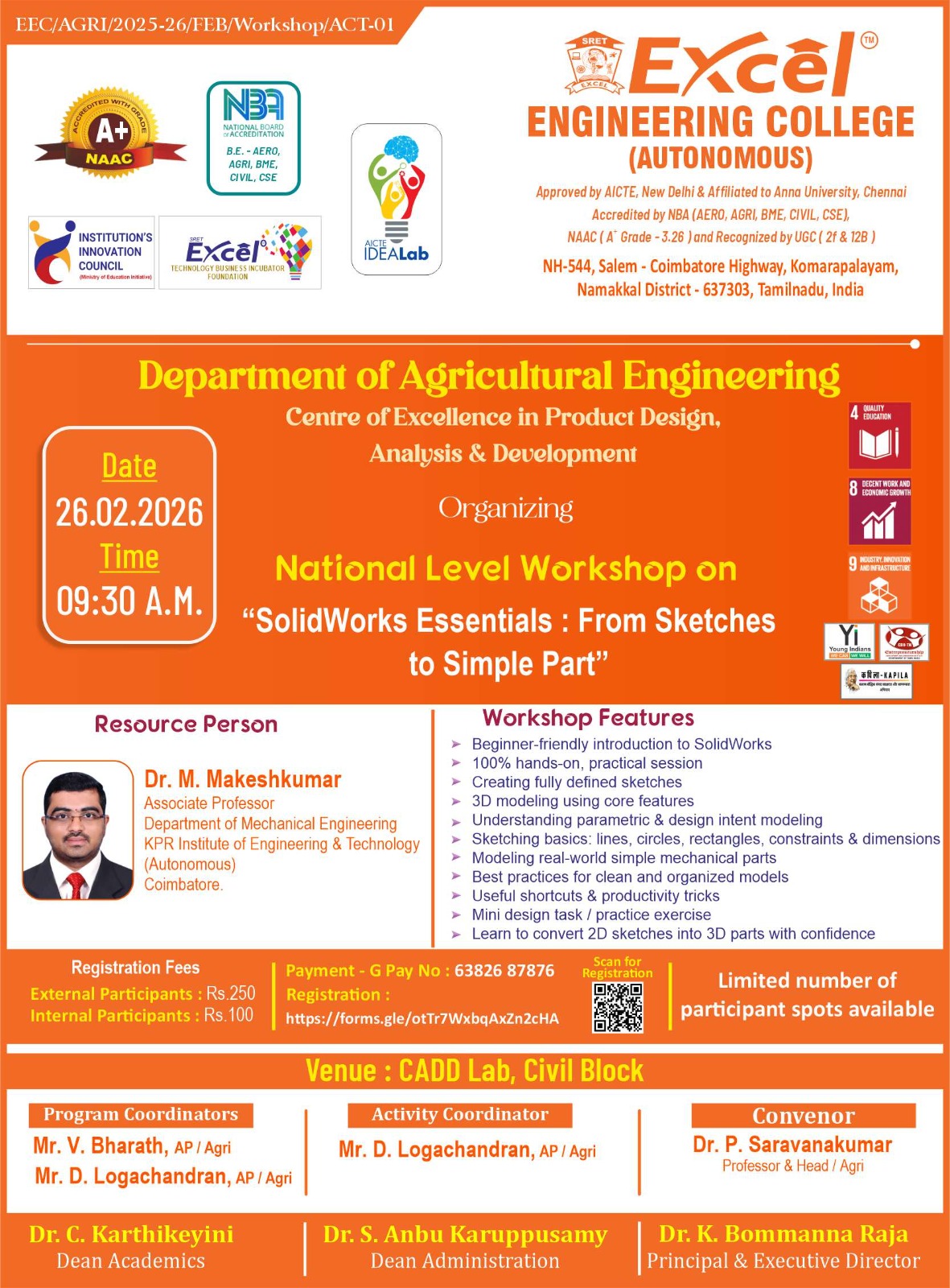 National Level Workshop on SolidWorks Essential: From Sketches to Simple Part 2026