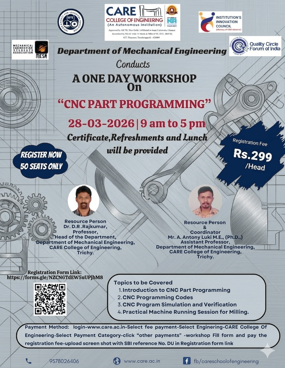 One Day Workshop in CNC part Programming Poster
