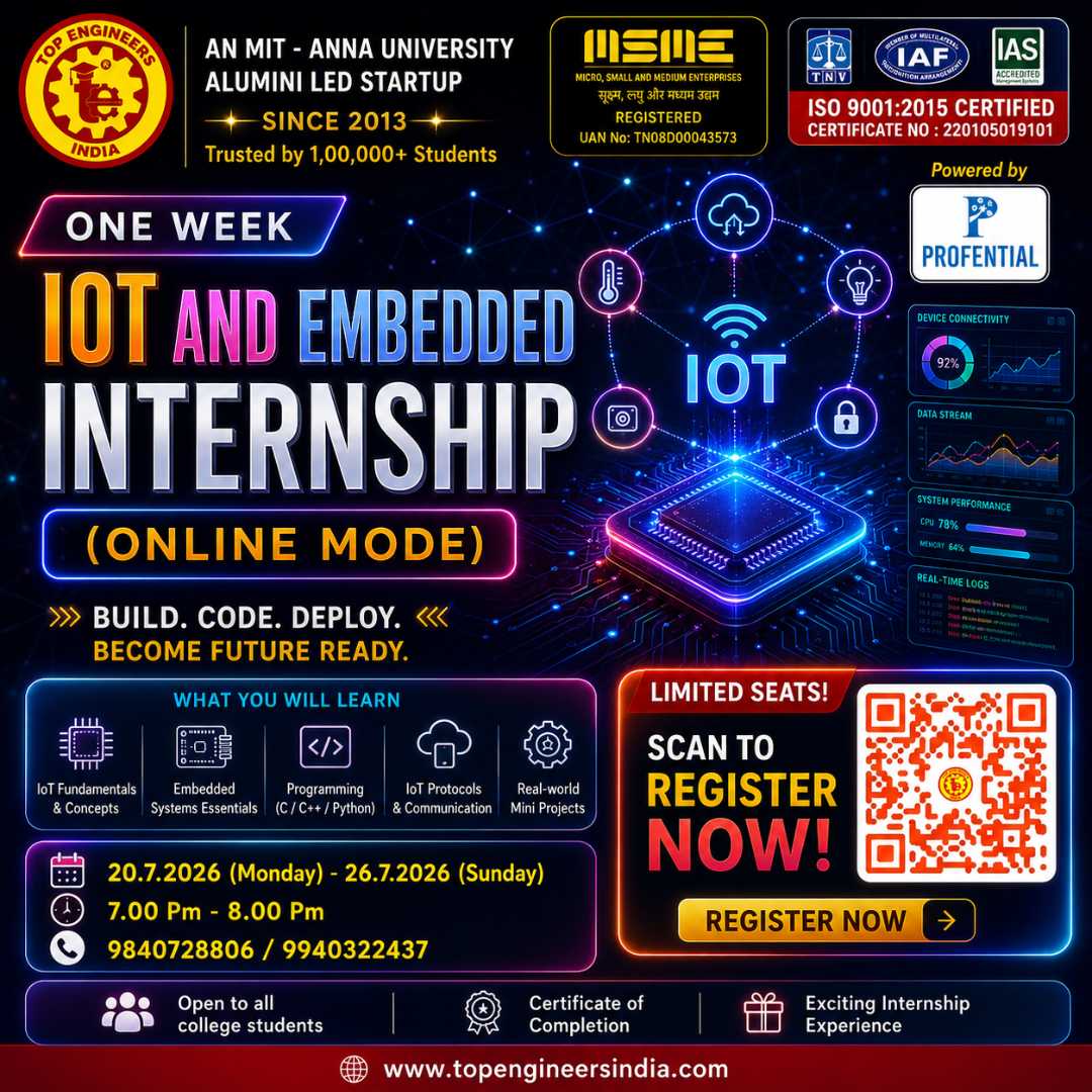 One Week IoT and Embedded Internship (Online Mode) 2026, Chennai, Tamil Nadu, 20th - 26th July 2026