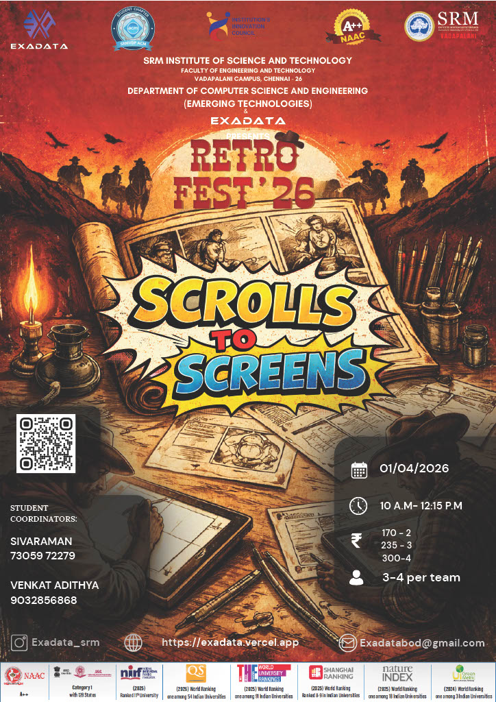 RetroFest'26 Scrolls to Screens, SRM Institute of Science and Technology Vadapalani Campus Poster