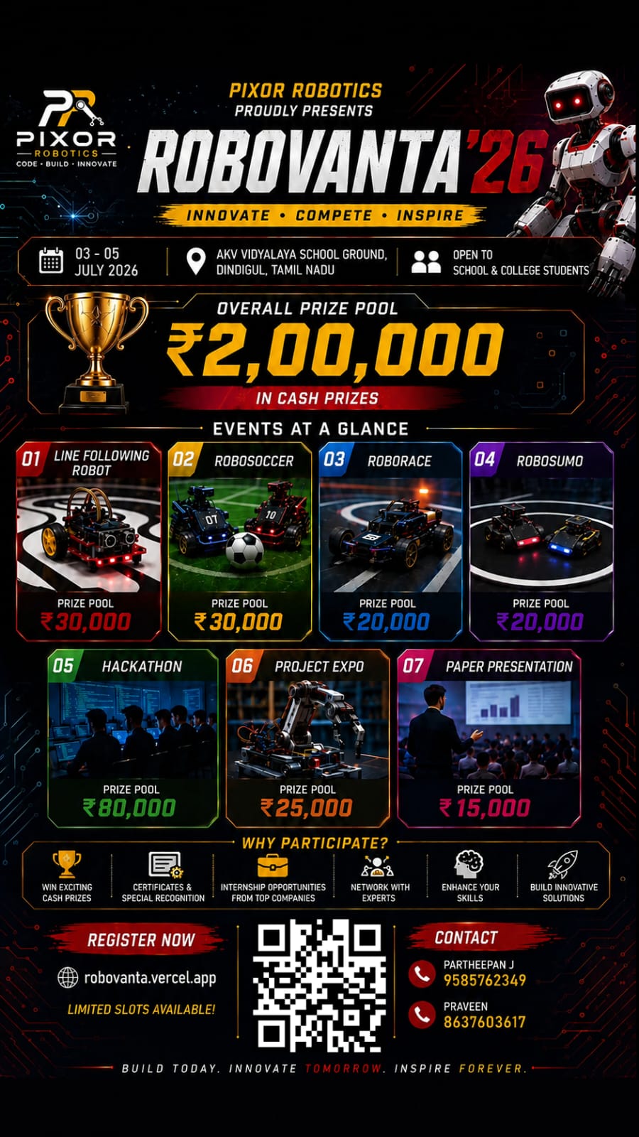 Robovanta'26, AKV Vidyalaya School, Dindigul, Tamil Nadu, 3rd - 5th July 2026 Poster