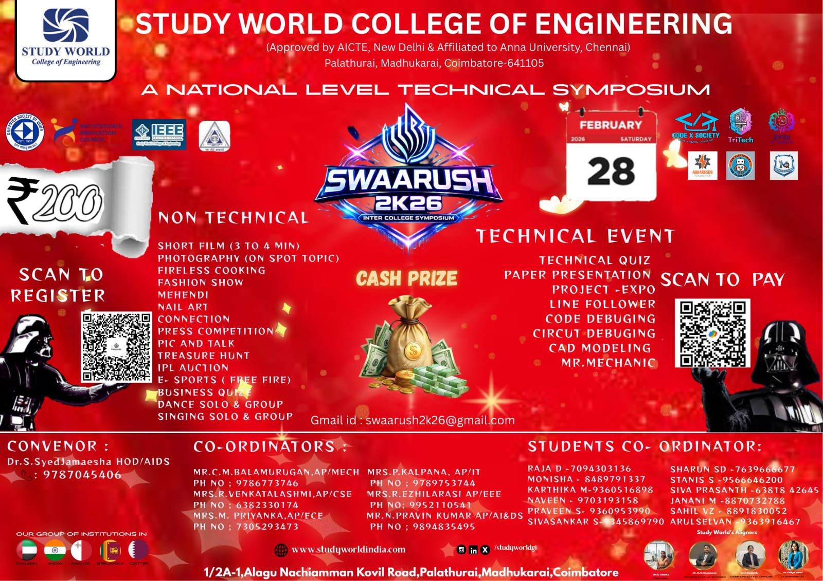 SWAARUSH 2K26, Study World College of Engineering Poster