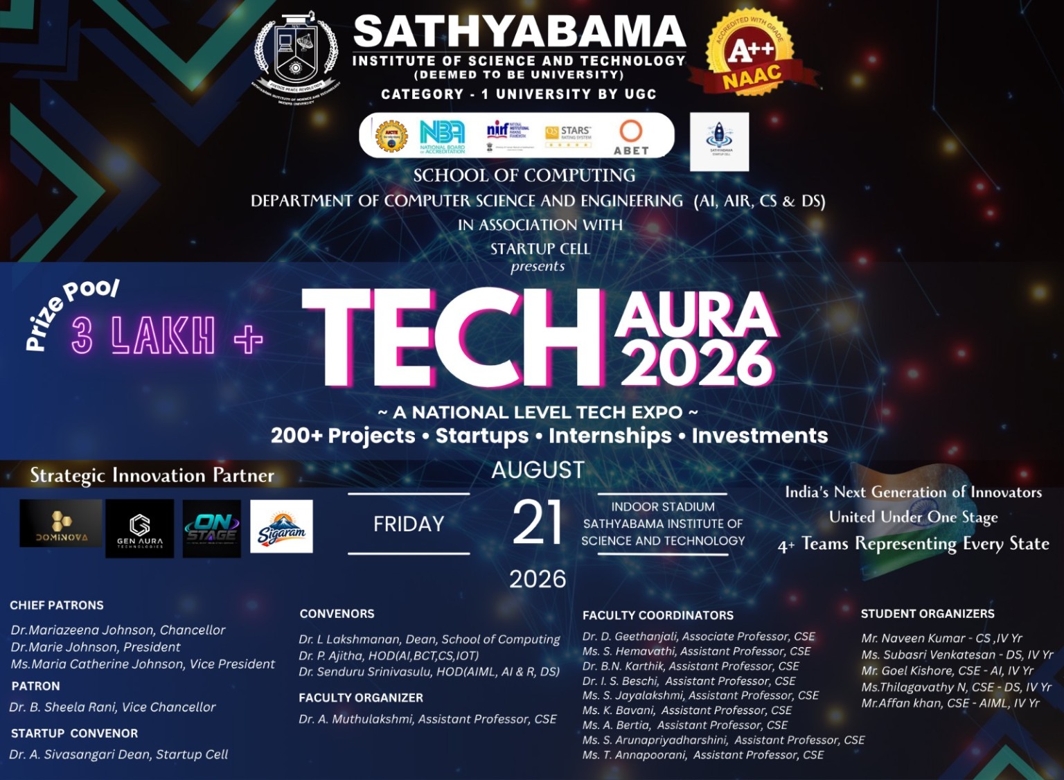 Tech Aura 2026, Sathyabama Institute of Science and Technology, Chennai, Tamil Nadu, 21st August 2026 Poster