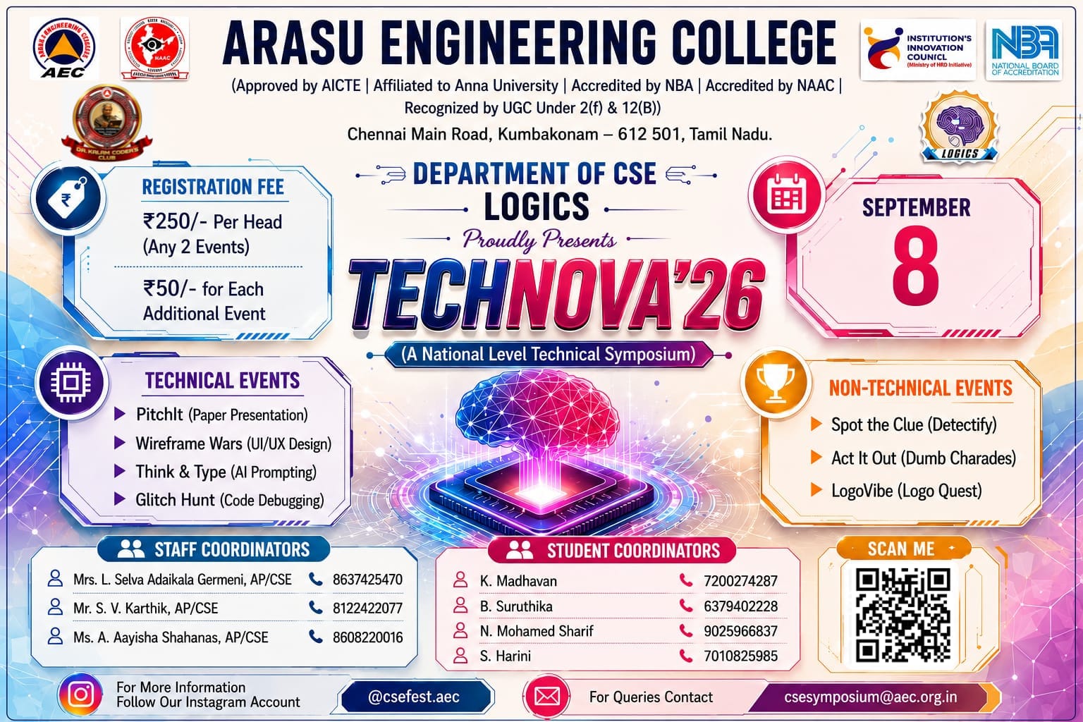 TECHNOVA'26, Arasu Engineering College, Kumbakonam Poster