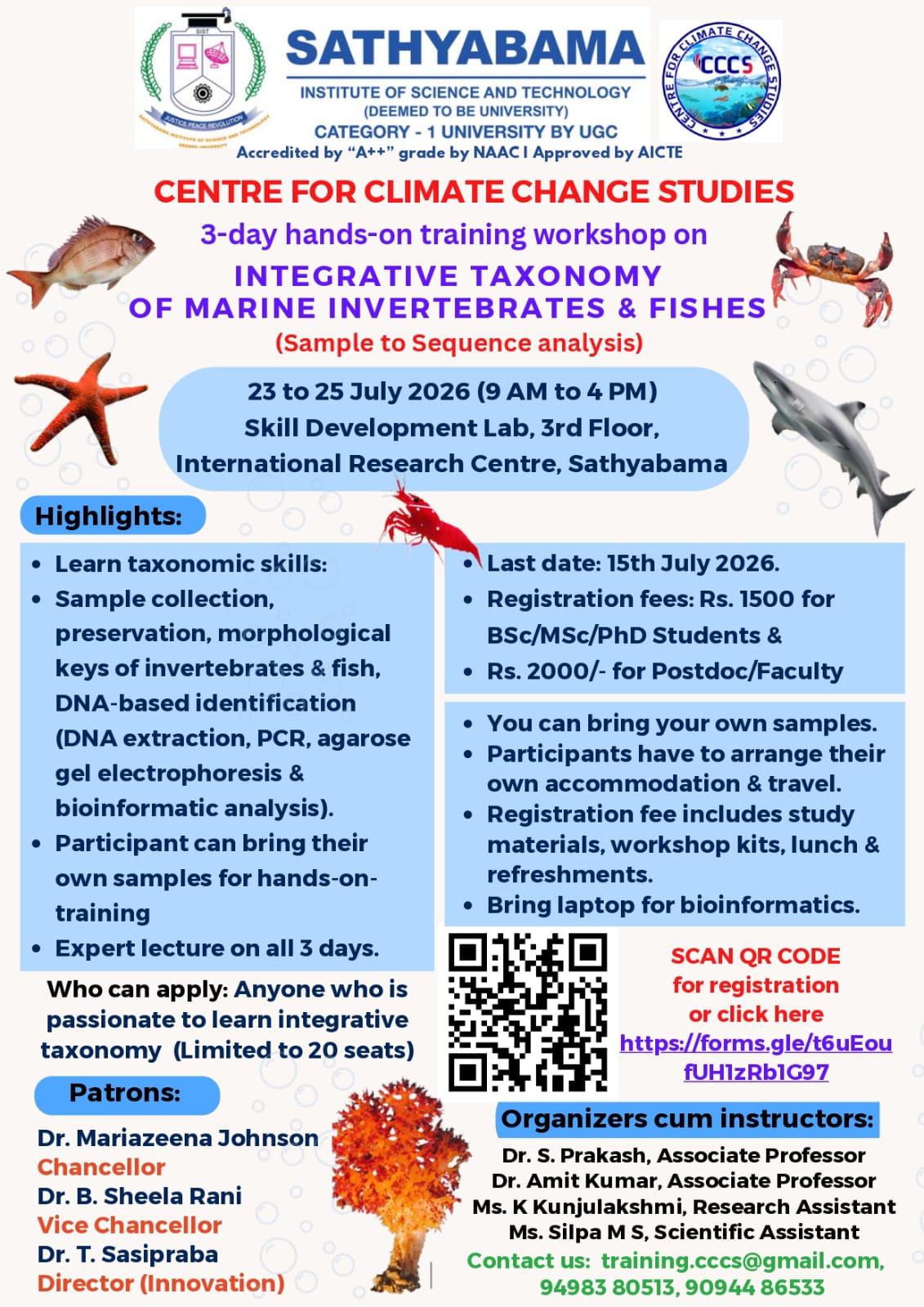 Workshop on Integrative Taxonomy of Marine Invertebrates & Fishes 2026, Chennai, Tamil Nadu, 23rd - 25th July 2026
