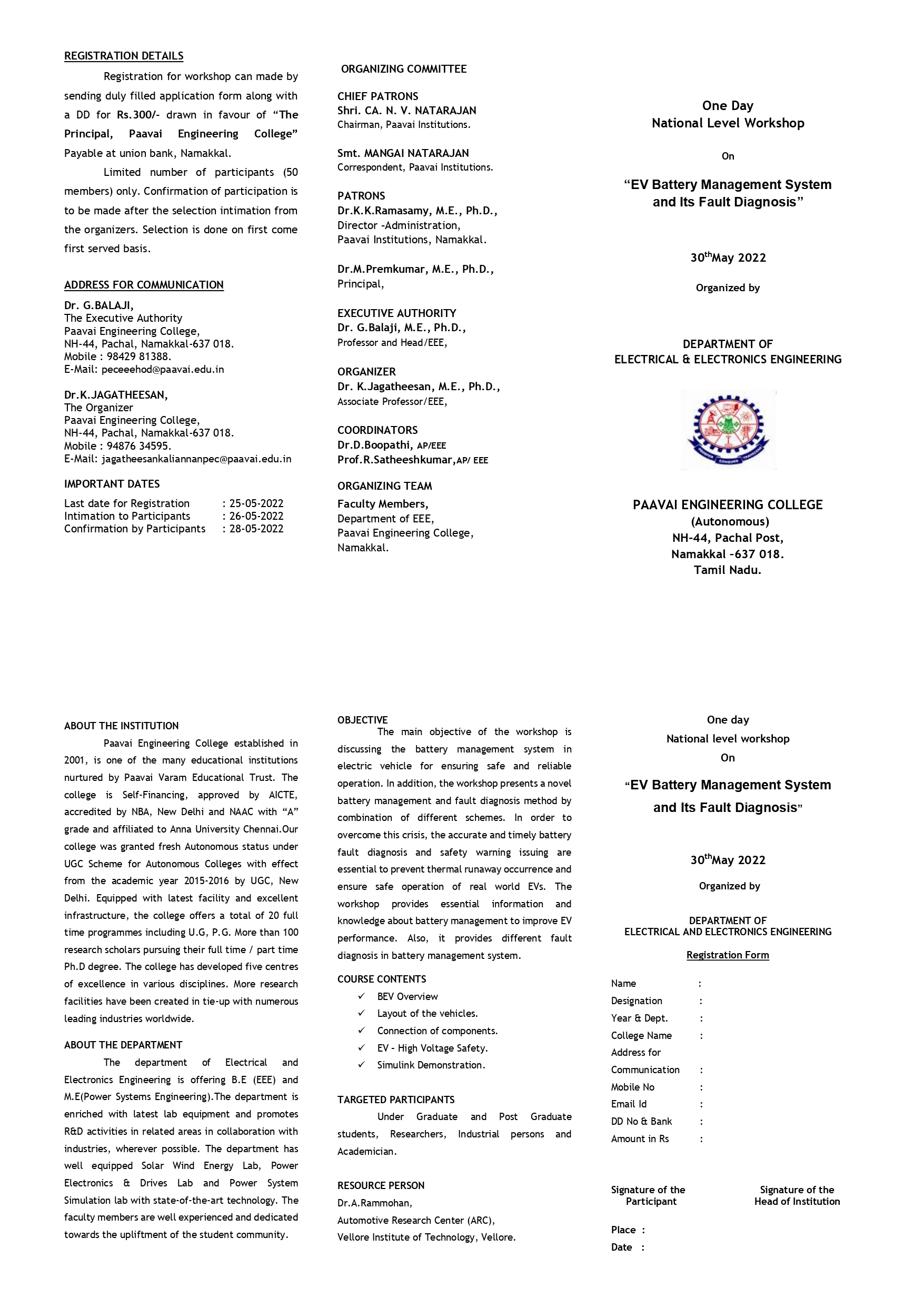 One Day National Level Workshop on EV Battery Management System and Its ...