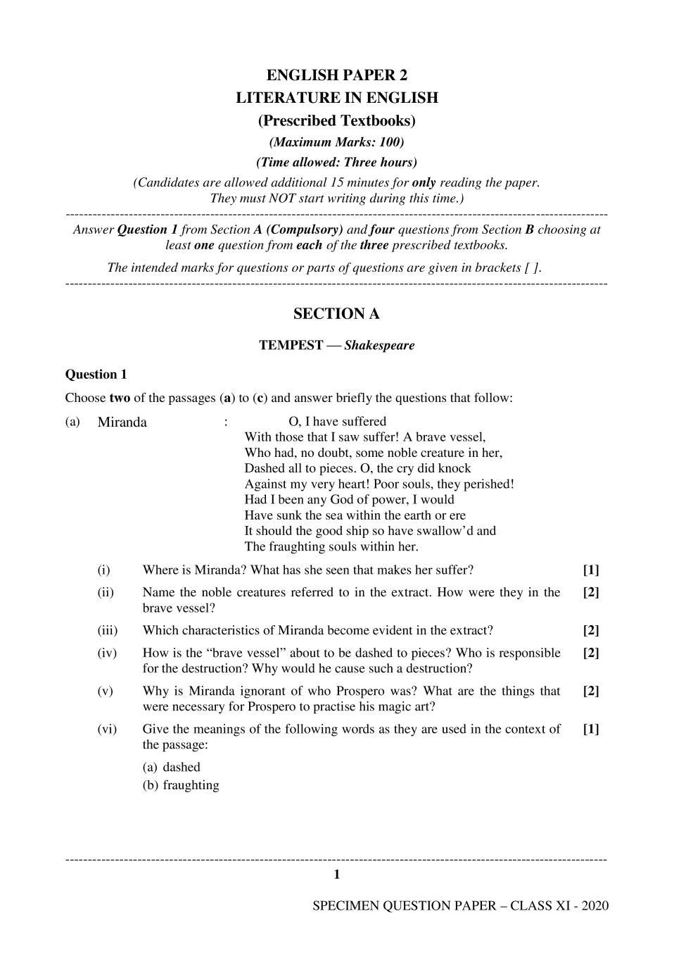 ICS Class 11 Specimen Paper For English Literature - IndCareer Schools