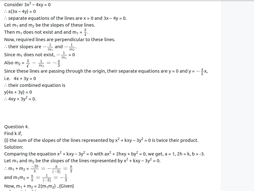 Maharashtra Board Solutions Class 12-Arts & Science Maths (Part 1): Chapter 4- Pair of Straight Lines Ex 4.1