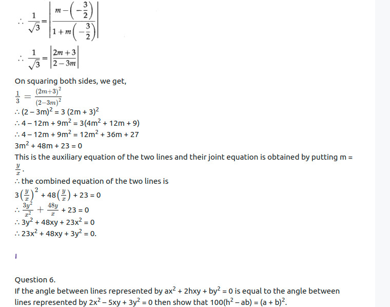 Maharashtra Board Solutions Class 12-Arts & Science Maths (Part 1): Chapter 4- Pair of Straight Lines Ex 4.2
