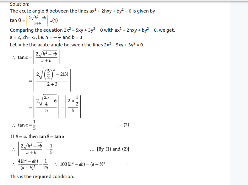 Maharashtra Board Solutions Class 12-Arts & Science Maths (Part 1): Chapter 4- Pair of Straight Lines Ex 4.2