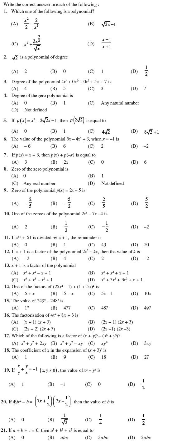 Class 9 Important Questions for Maths - Polynomials/