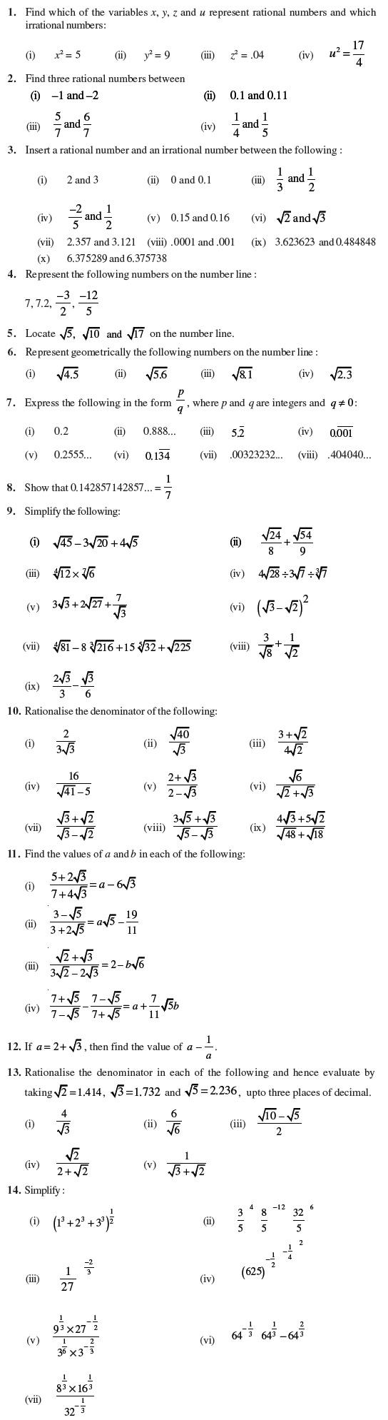 Class 9 Important Questions for Maths - Number Systems/