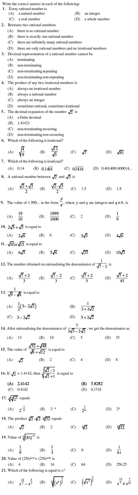 Class 9 Important Questions for Maths - Number Systems/