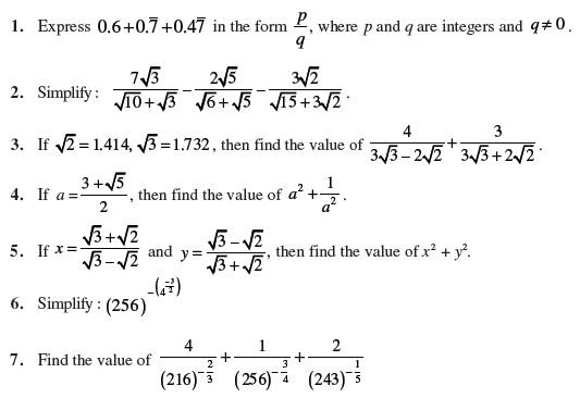 Class 9 Important Questions for Maths - Number Systems/