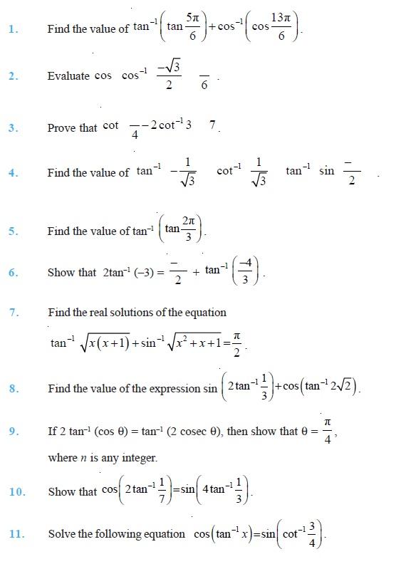Class 12 Important Questions for Maths - Inverse Trigonometric Function