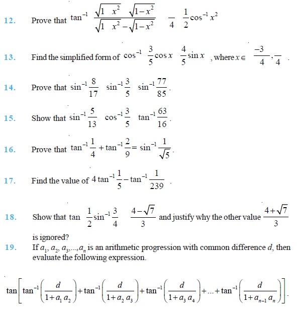 Class 12 Important Questions for Maths - Inverse Trigonometric Function